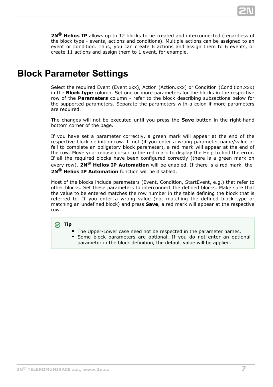Block parameter settings | 2N Helios IP Automation v2.5 User Manual | Page 7 / 33