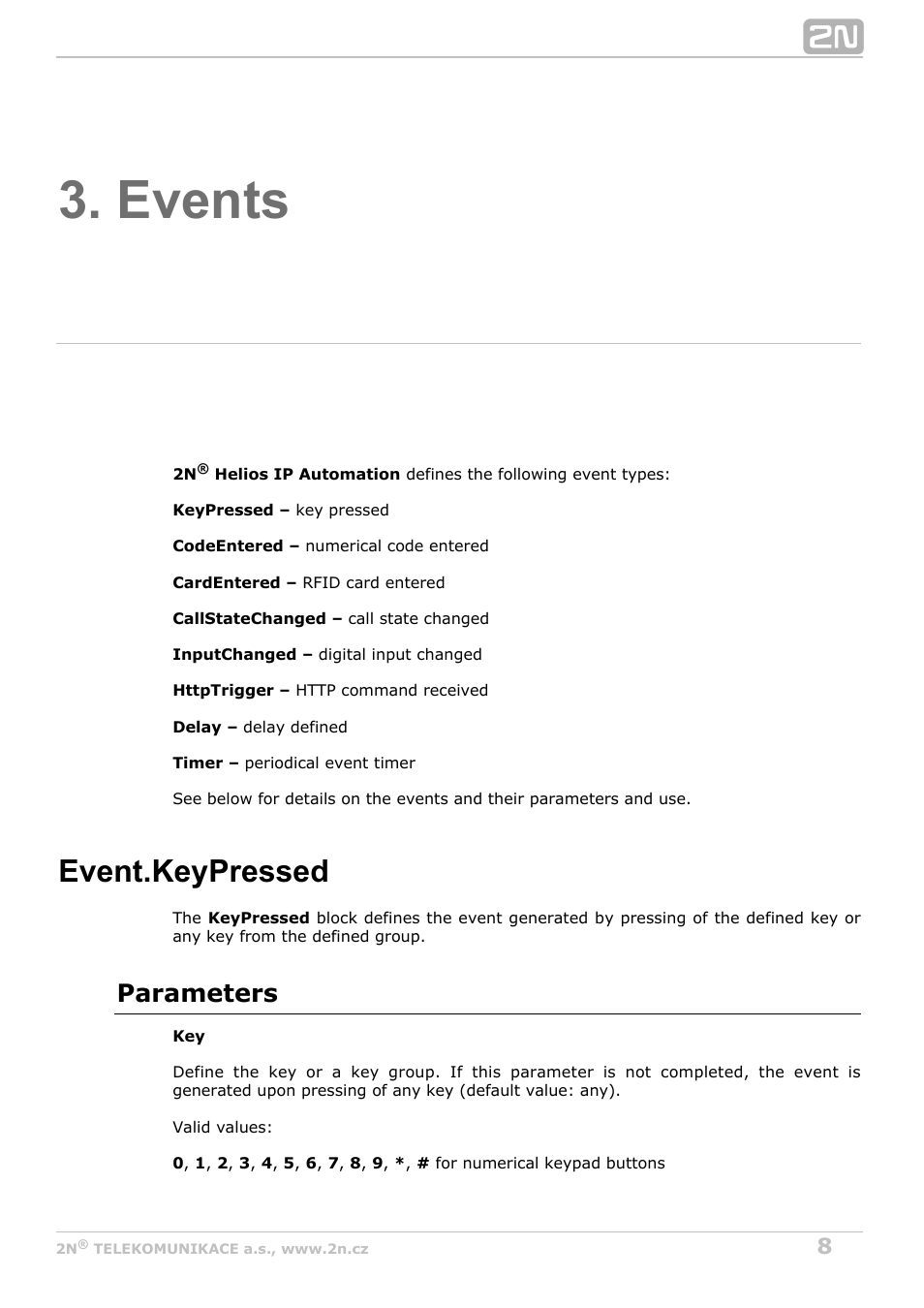 Events, Event.keypressed, Parameters | 2N Helios IP Automation v2.5 User Manual | Page 8 / 33