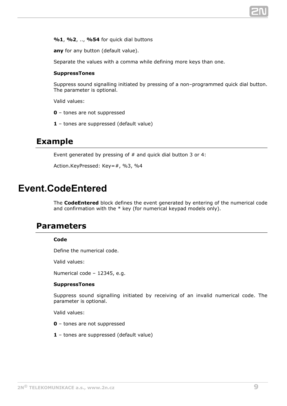Event.codeentered, Example, Parameters | 2N Helios IP Automation v2.5 User Manual | Page 9 / 33
