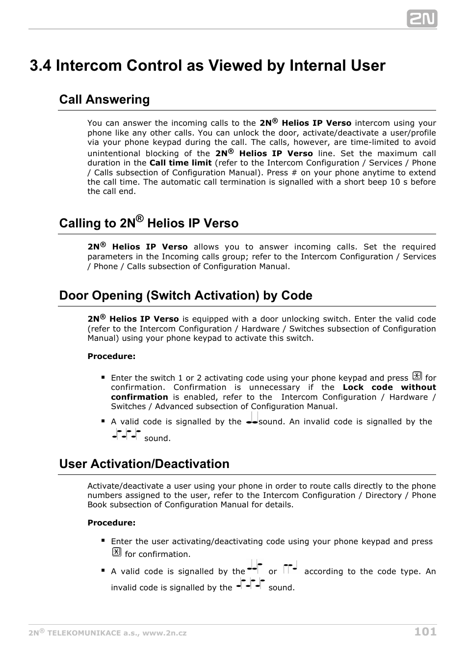 4 intercom control as viewed by internal user, Call answering, Calling to 2n | Helios ip verso, Door opening (switch activation) by code, User activation/deactivation | 2N Helios IP Verso User Manual | Page 101 / 113