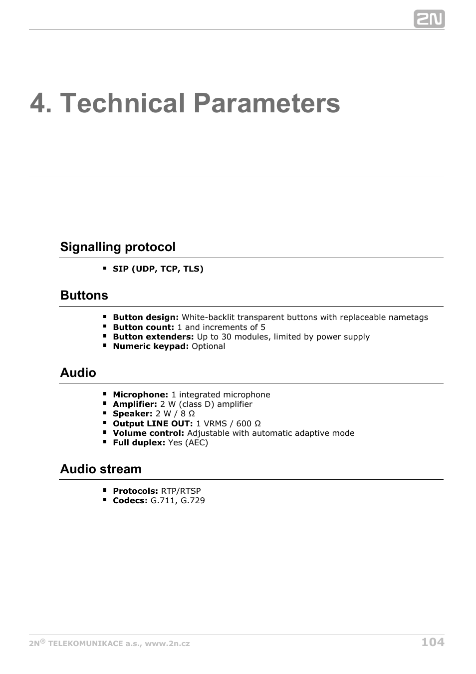 Technical parameters | 2N Helios IP Verso User Manual | Page 104 / 113