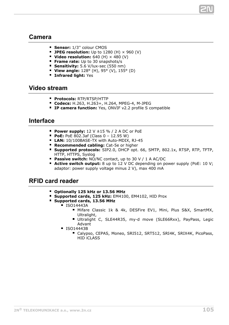 Camera, Video stream, Interface | Rfid card reader | 2N Helios IP Verso User Manual | Page 105 / 113