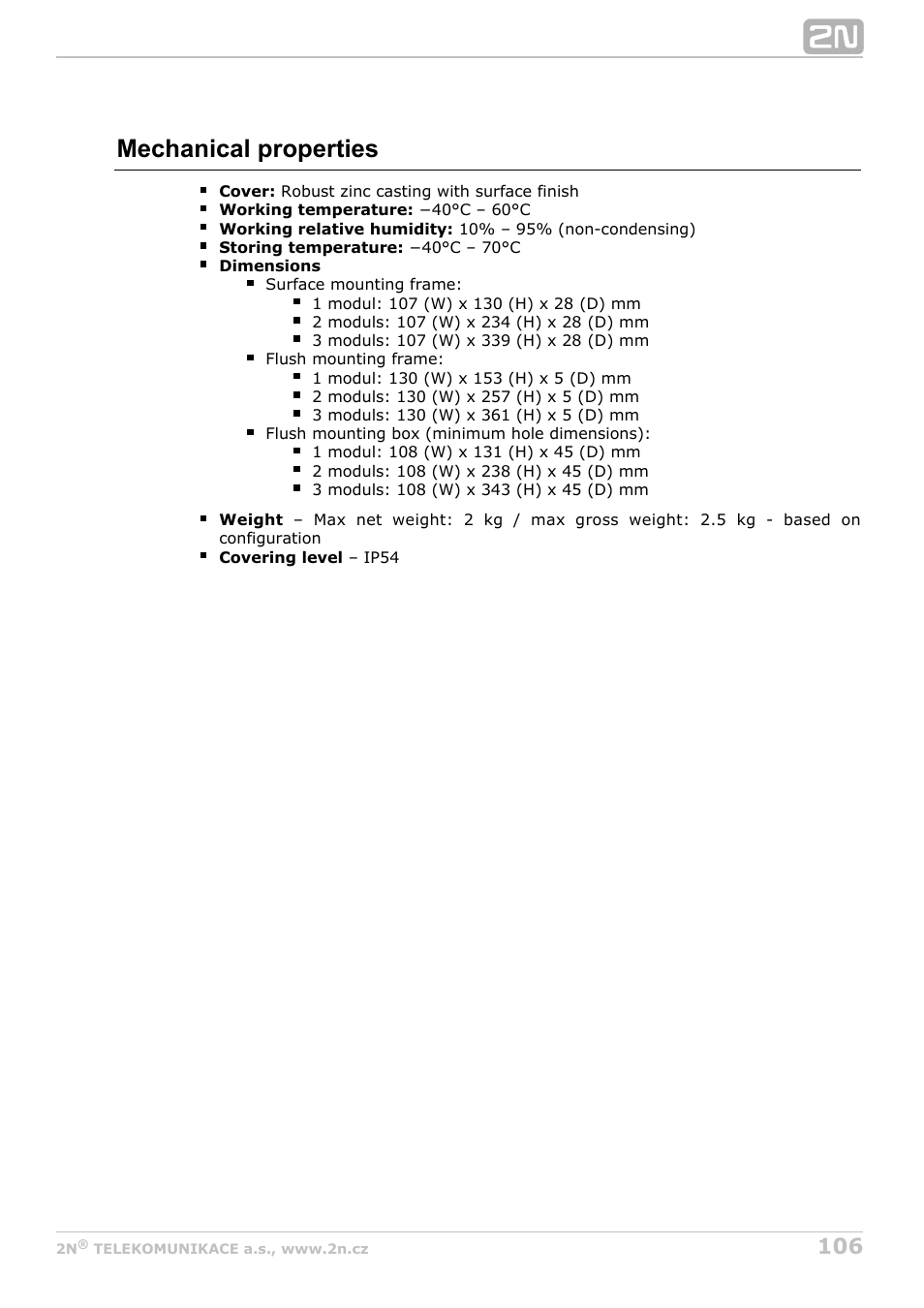 Mechanical properties | 2N Helios IP Verso User Manual | Page 106 / 113