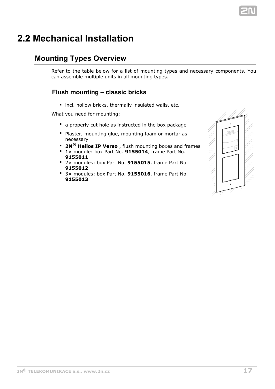 2 mechanical installation, Mounting types overview, Flush mounting – classic bricks | 2N Helios IP Verso User Manual | Page 17 / 113