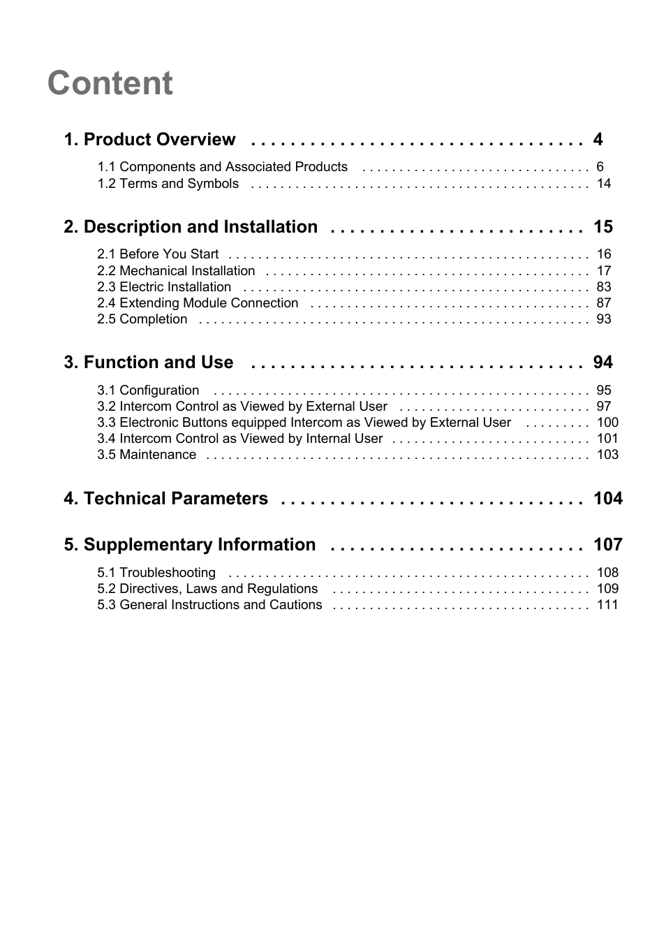 Content, Product overview, Description and installation | Function and use, Technical parameters 5. supplementary information | 2N Helios IP Verso User Manual | Page 3 / 113