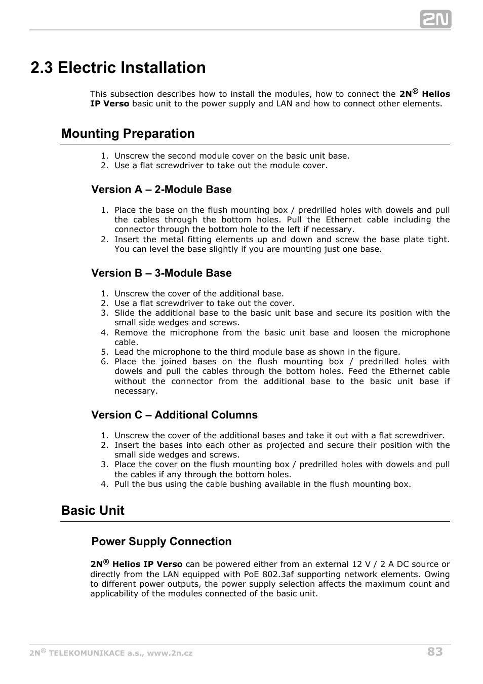 3 electric installation, Mounting preparation, Basic unit | Power supply connection, Version a – 2-module base, Version b – 3-module base, Version c – additional columns | 2N Helios IP Verso User Manual | Page 83 / 113