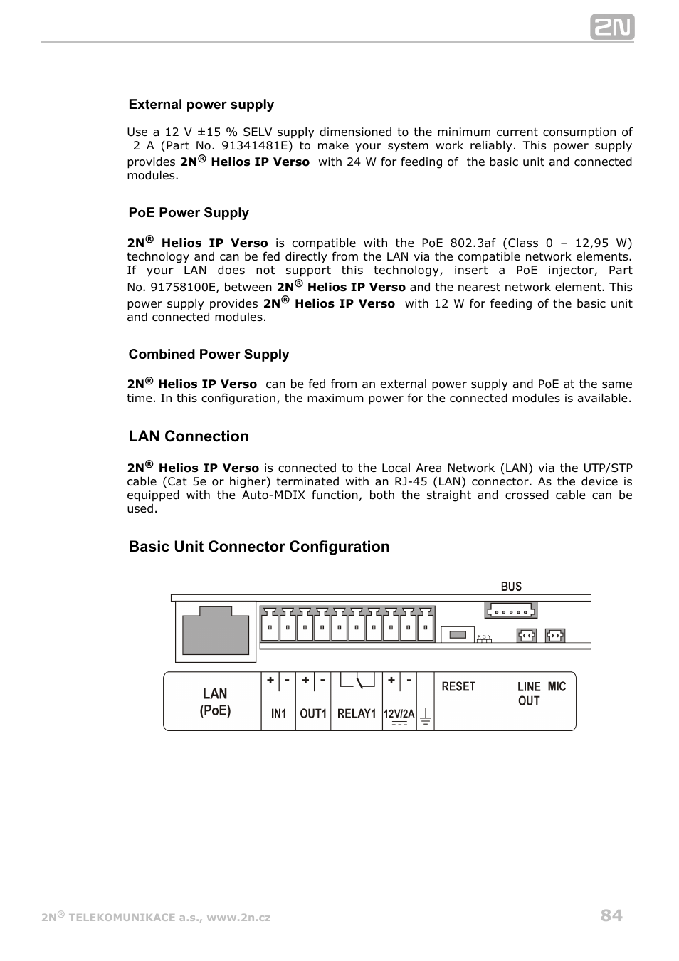 Lan connection, Basic unit connector configuration | 2N Helios IP Verso User Manual | Page 84 / 113