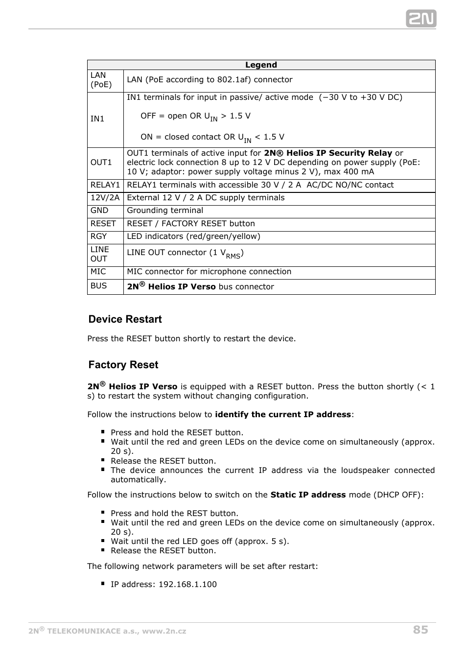Device restart, Factory reset | 2N Helios IP Verso User Manual | Page 85 / 113