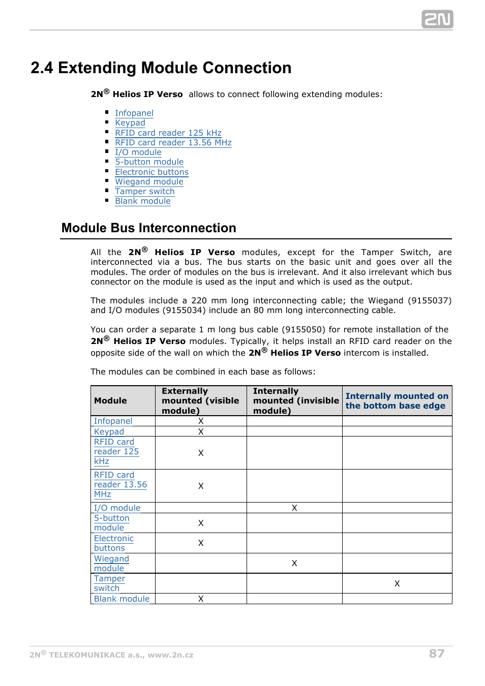 4 extending module connection, Module bus interconnection | 2N Helios IP Verso User Manual | Page 87 / 113