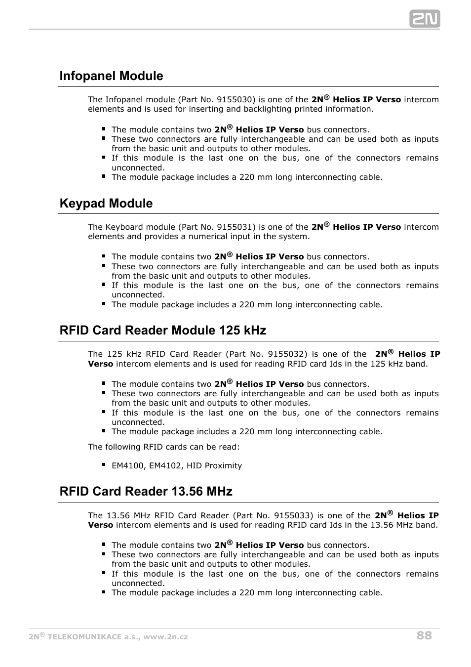 Infopanel, Keypad, Rfid card reader 125 khz | Rfid card reader 13.56 mhz, Infopanel module, Keypad module, Rfid card reader module 125 khz | 2N Helios IP Verso User Manual | Page 88 / 113