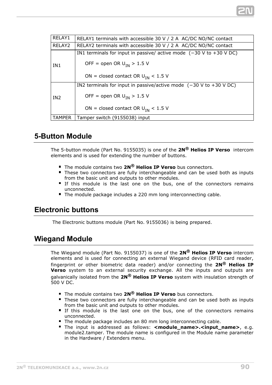 Button module electronic buttons wiegand module, Button module, Electronic buttons | Wiegand module | 2N Helios IP Verso User Manual | Page 90 / 113