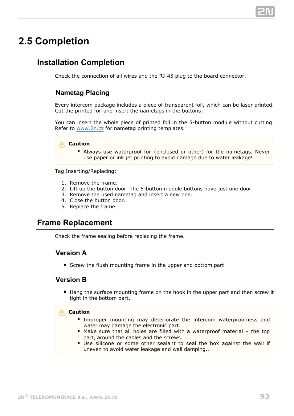 5 completion, Installation completion, Frame replacement | 2N Helios IP Verso User Manual | Page 93 / 113