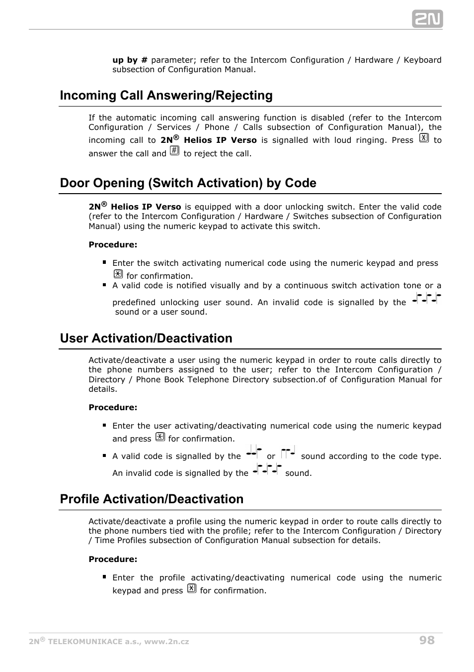 Incoming call answering/rejecting, Door opening (switch activation) by code, User activation/deactivation | Profile activation/deactivation | 2N Helios IP Verso User Manual | Page 98 / 113