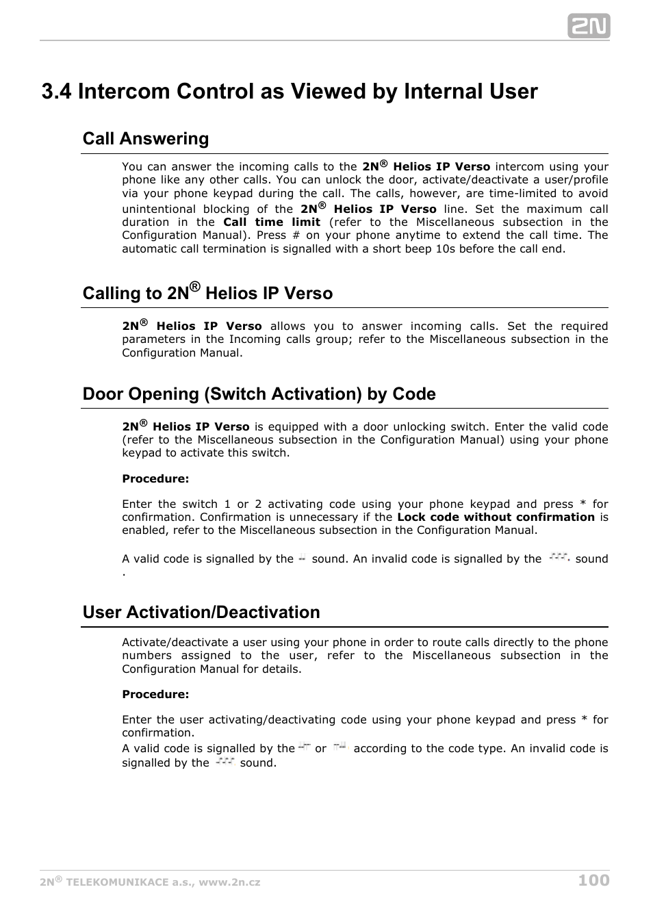 4 intercom control as viewed by internal user, Call answering, Calling to 2n | Helios ip verso, Door opening (switch activation) by code, User activation/deactivation | 2N Helios IP Verso v1.1 User Manual | Page 100 / 112