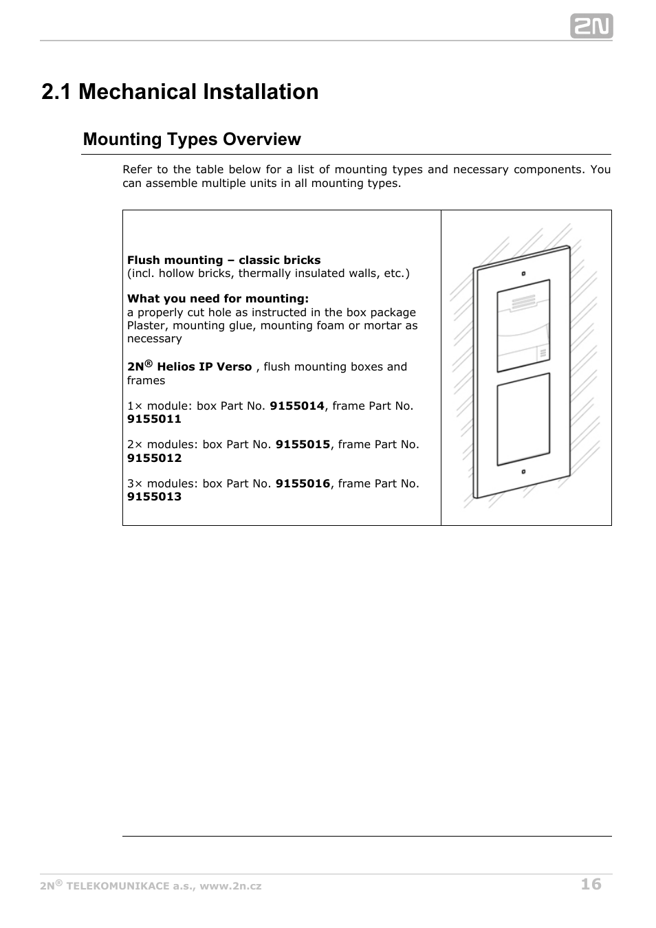 1 mechanical installation, Mounting types overview | 2N Helios IP Verso v1.1 User Manual | Page 16 / 112