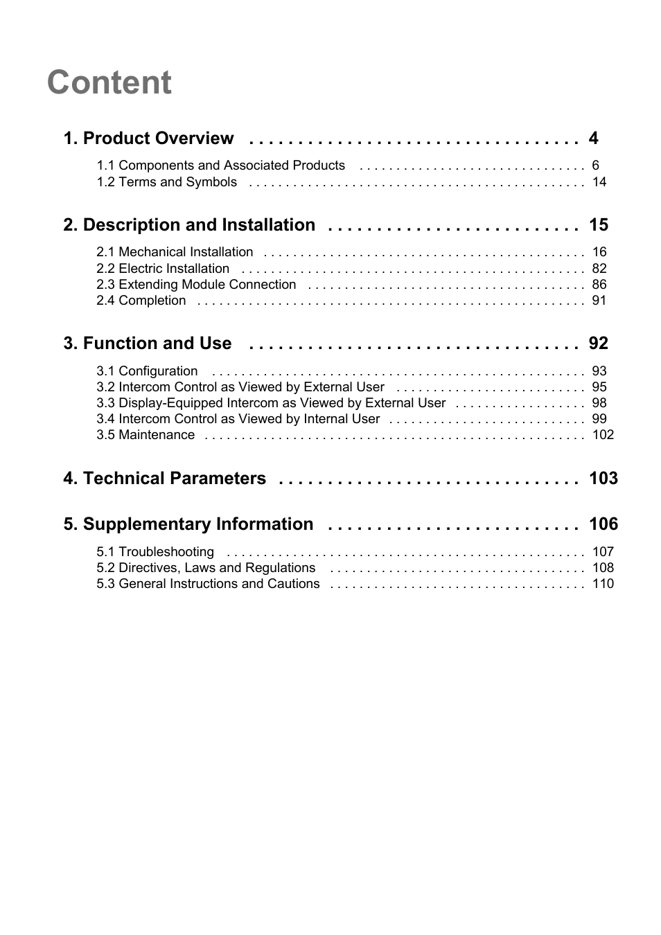 Content, Product overview, Description and installation | Function and use, Technical parameters 5. supplementary information | 2N Helios IP Verso v1.1 User Manual | Page 3 / 112