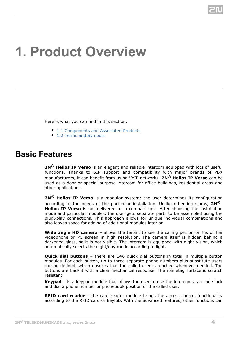 Product overview, Basic features | 2N Helios IP Verso v1.1 User Manual | Page 4 / 112