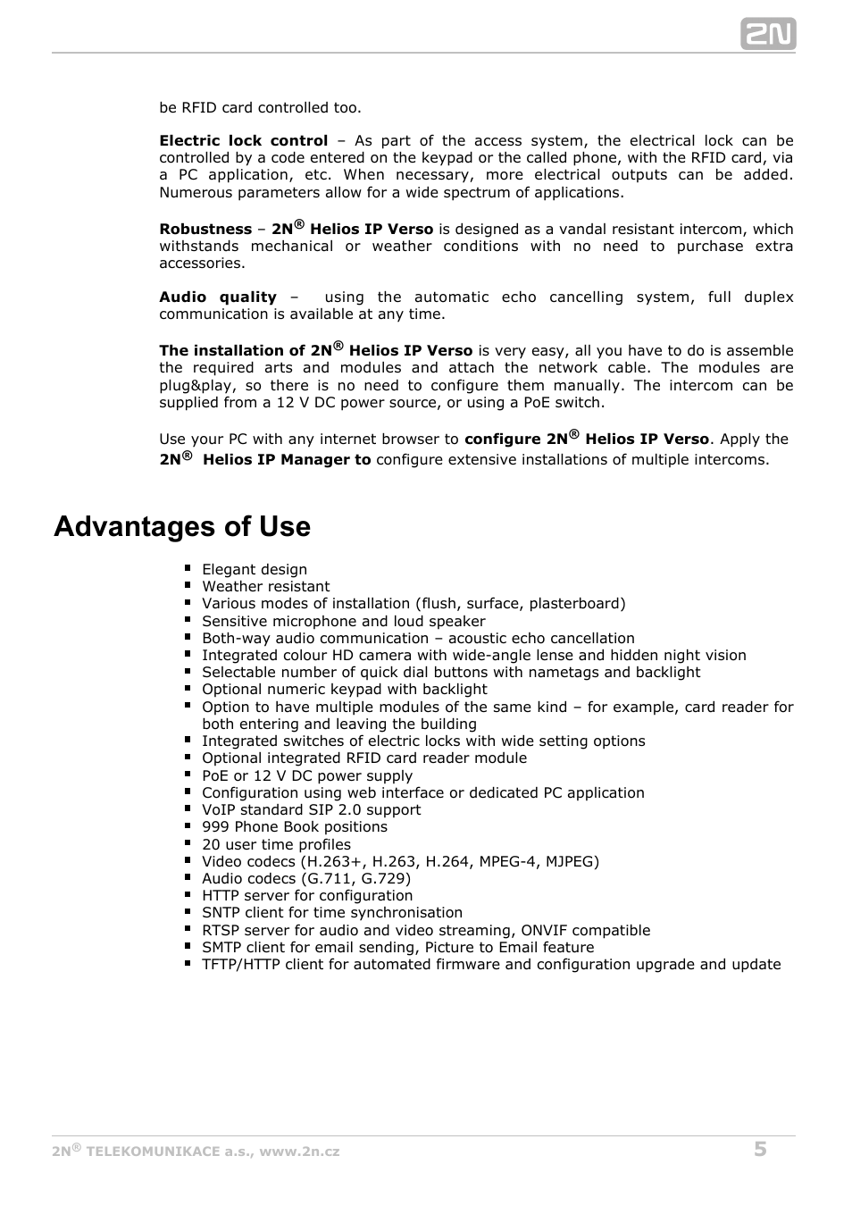 Advantages of use | 2N Helios IP Verso v1.1 User Manual | Page 5 / 112