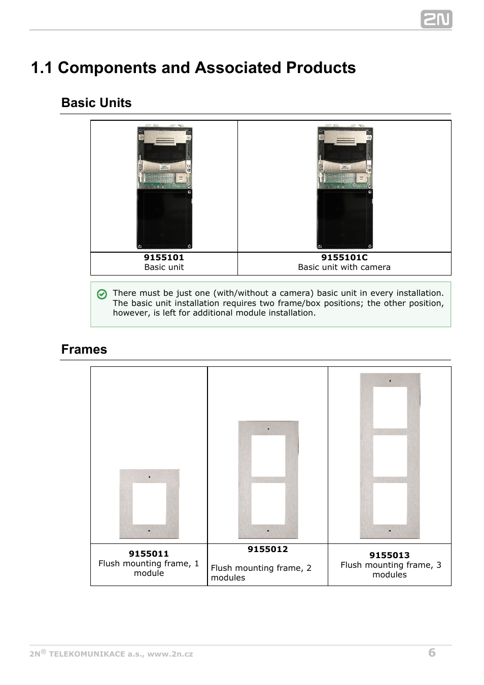 1 components and associated products, Basic units, Frames | 2N Helios IP Verso v1.1 User Manual | Page 6 / 112