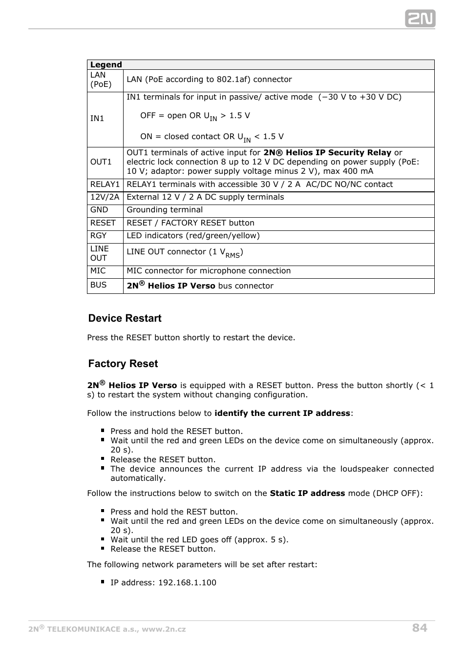 Device restart, Factory reset | 2N Helios IP Verso v1.1 User Manual | Page 84 / 112