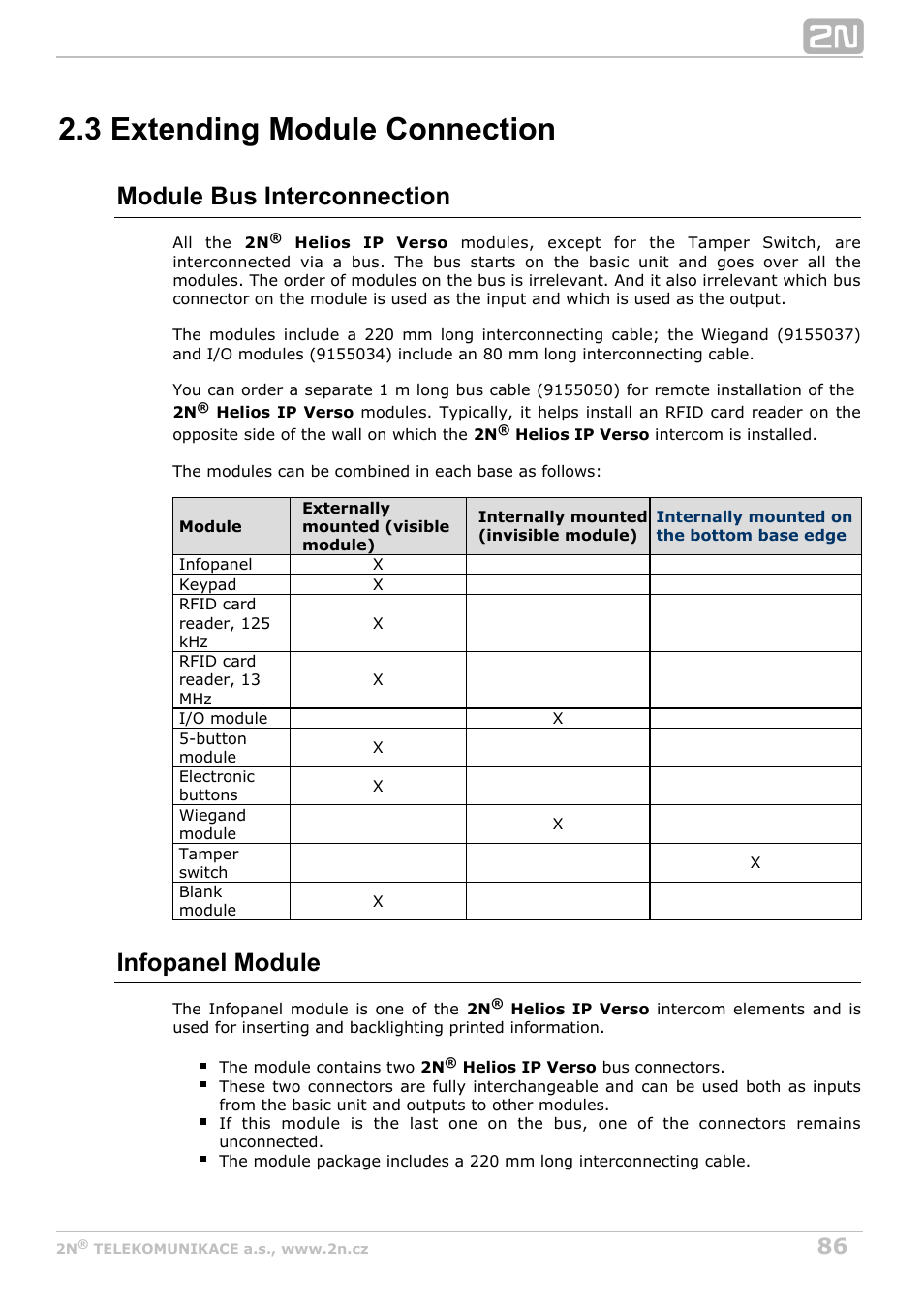 3 extending module connection, Module bus interconnection, Infopanel module | 2N Helios IP Verso v1.1 User Manual | Page 86 / 112