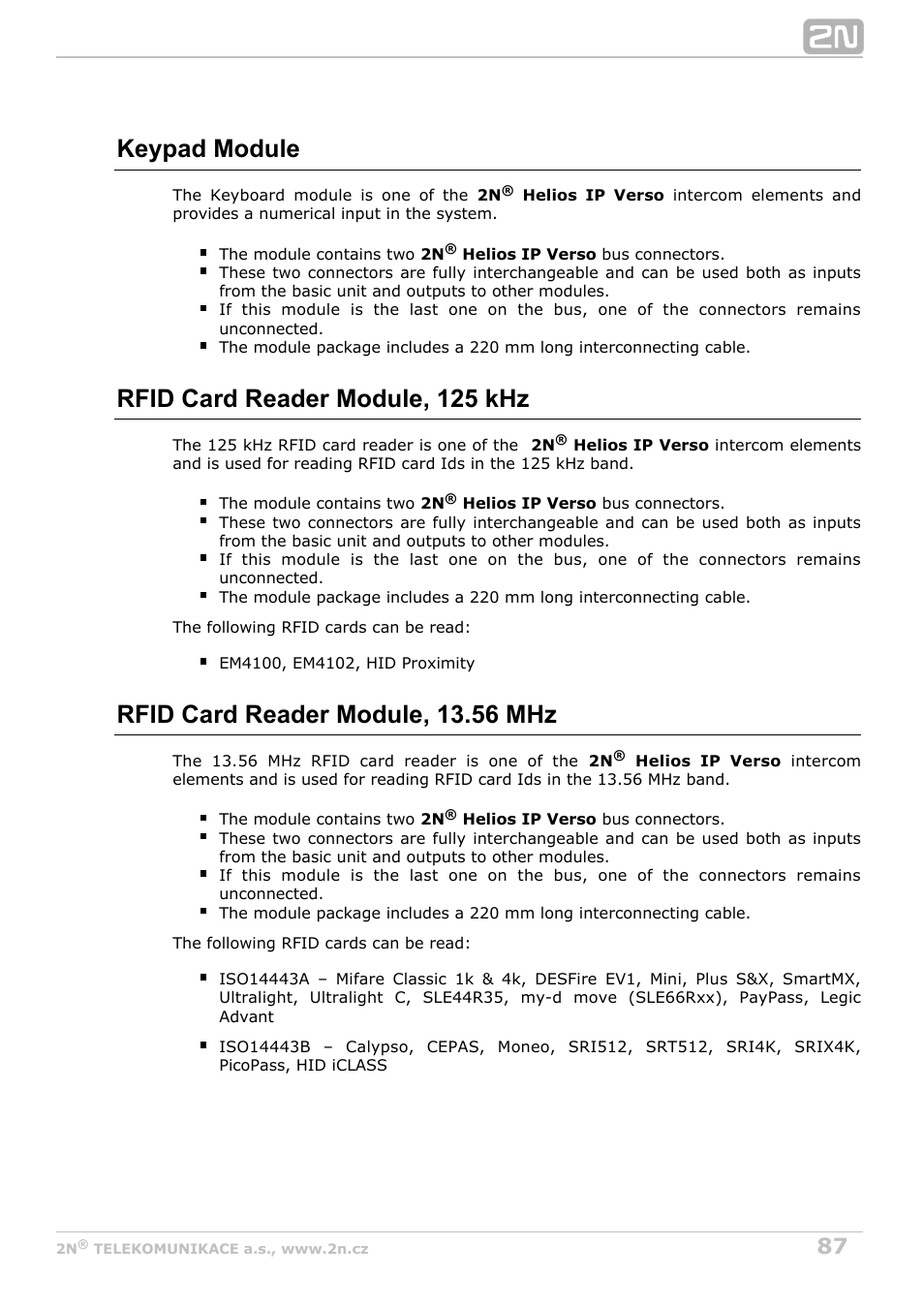 Keypad module, Rfid card reader module, 125 khz, Rfid card reader module, 13.56 mhz | 2N Helios IP Verso v1.1 User Manual | Page 87 / 112