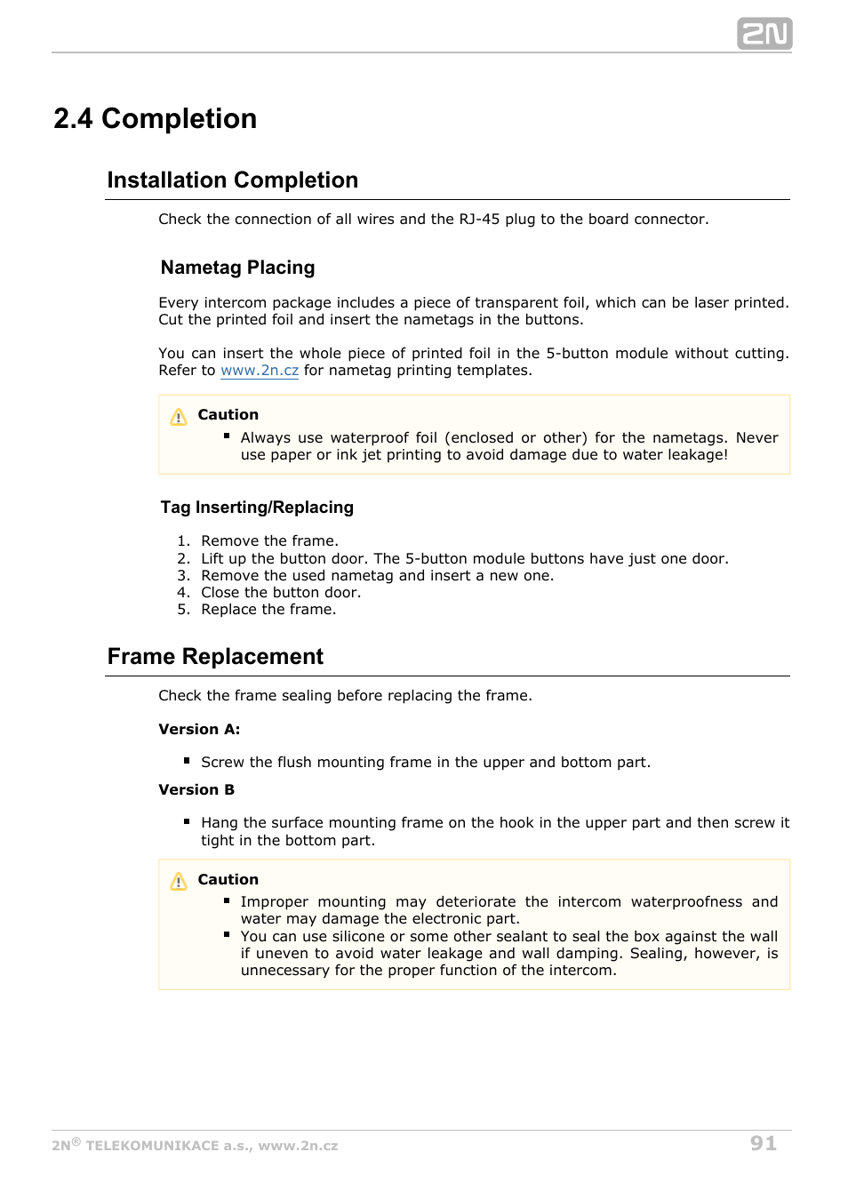 4 completion, Installation completion, Frame replacement | 2N Helios IP Verso v1.1 User Manual | Page 91 / 112