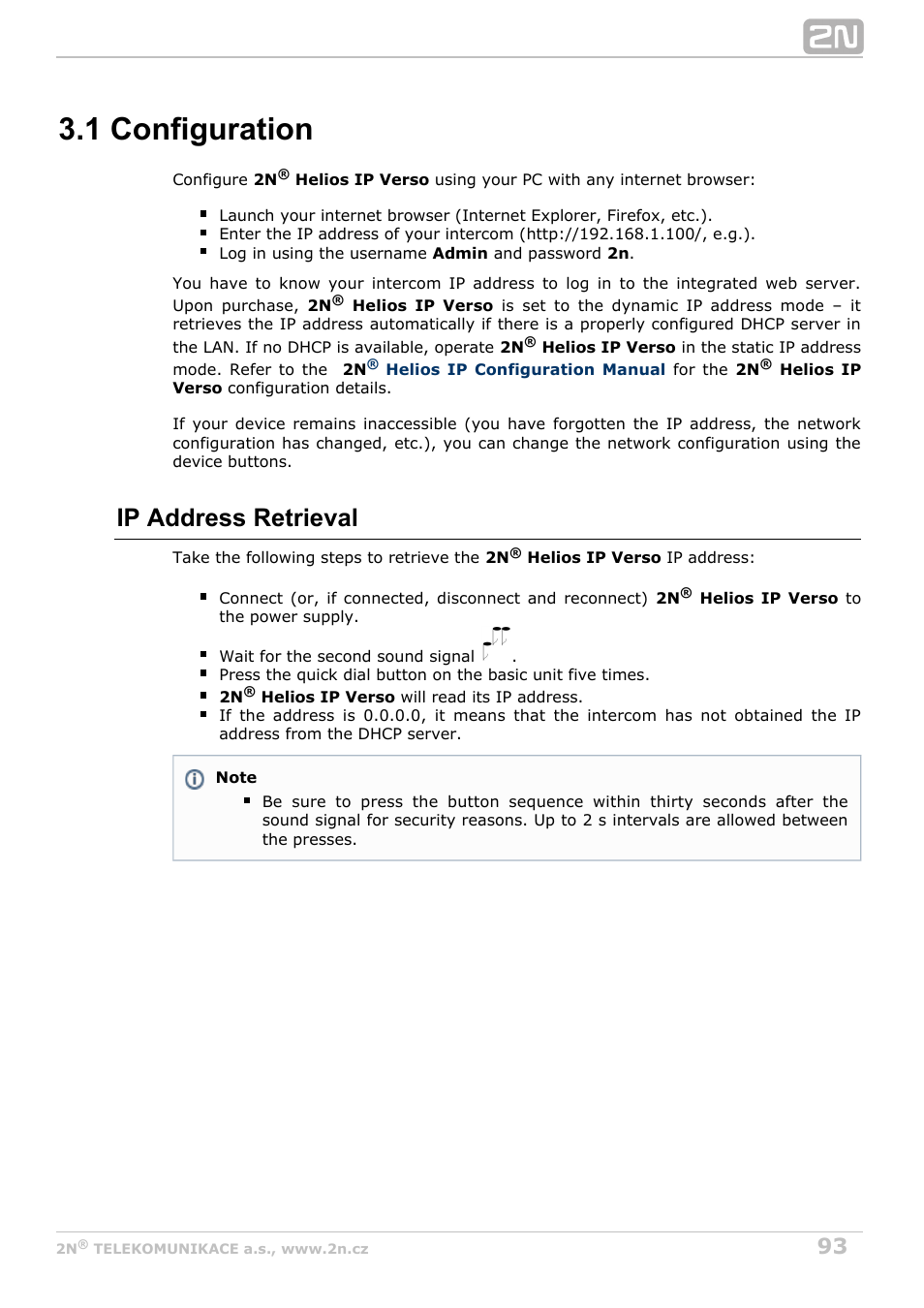 1 configuration, Ip address retrieval | 2N Helios IP Verso v1.1 User Manual | Page 93 / 112