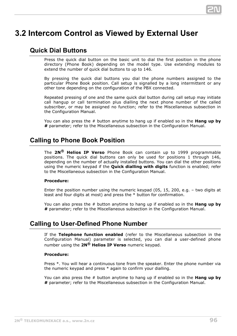 2 intercom control as viewed by external user, Quick dial buttons, Calling to phone book position | Calling to user-defined phone number | 2N Helios IP Verso v1.1 User Manual | Page 96 / 112