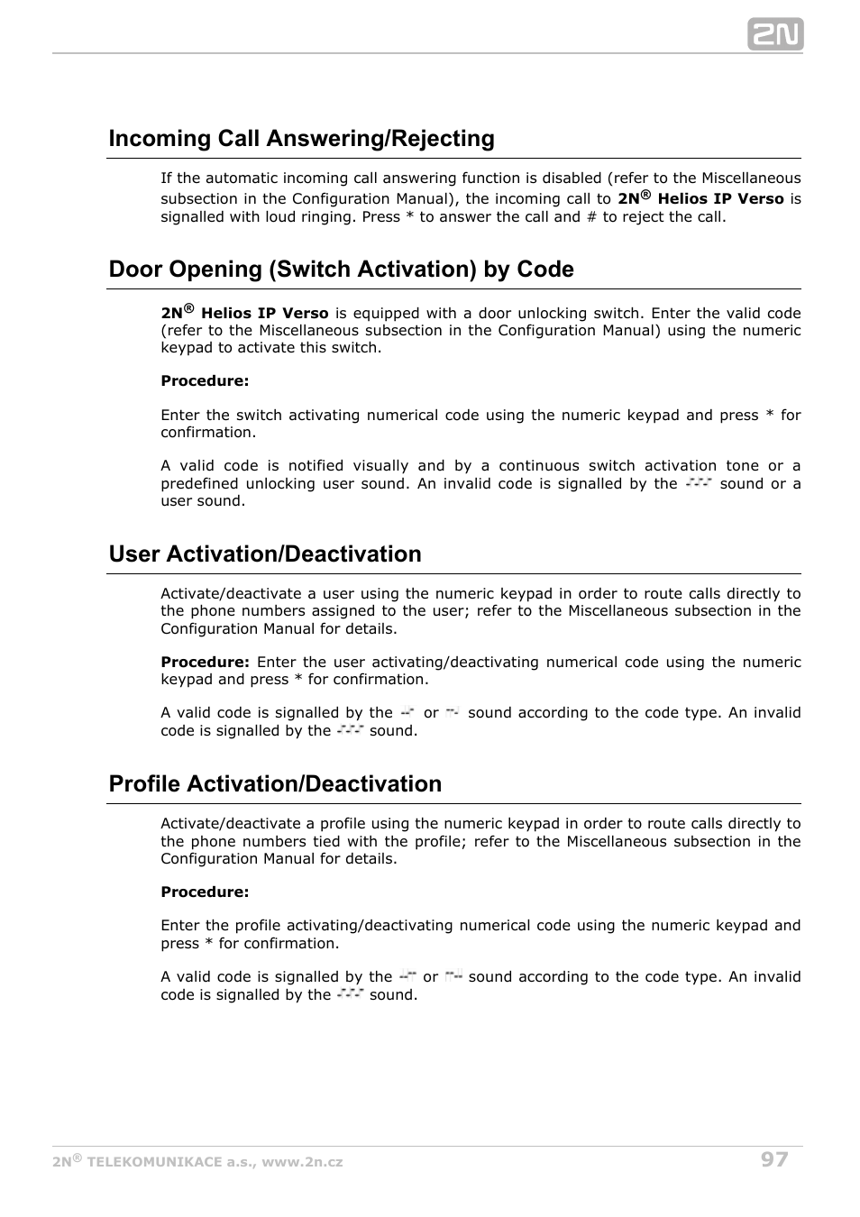 Incoming call answering/rejecting, Door opening (switch activation) by code, User activation/deactivation | Profile activation/deactivation | 2N Helios IP Verso v1.1 User Manual | Page 97 / 112