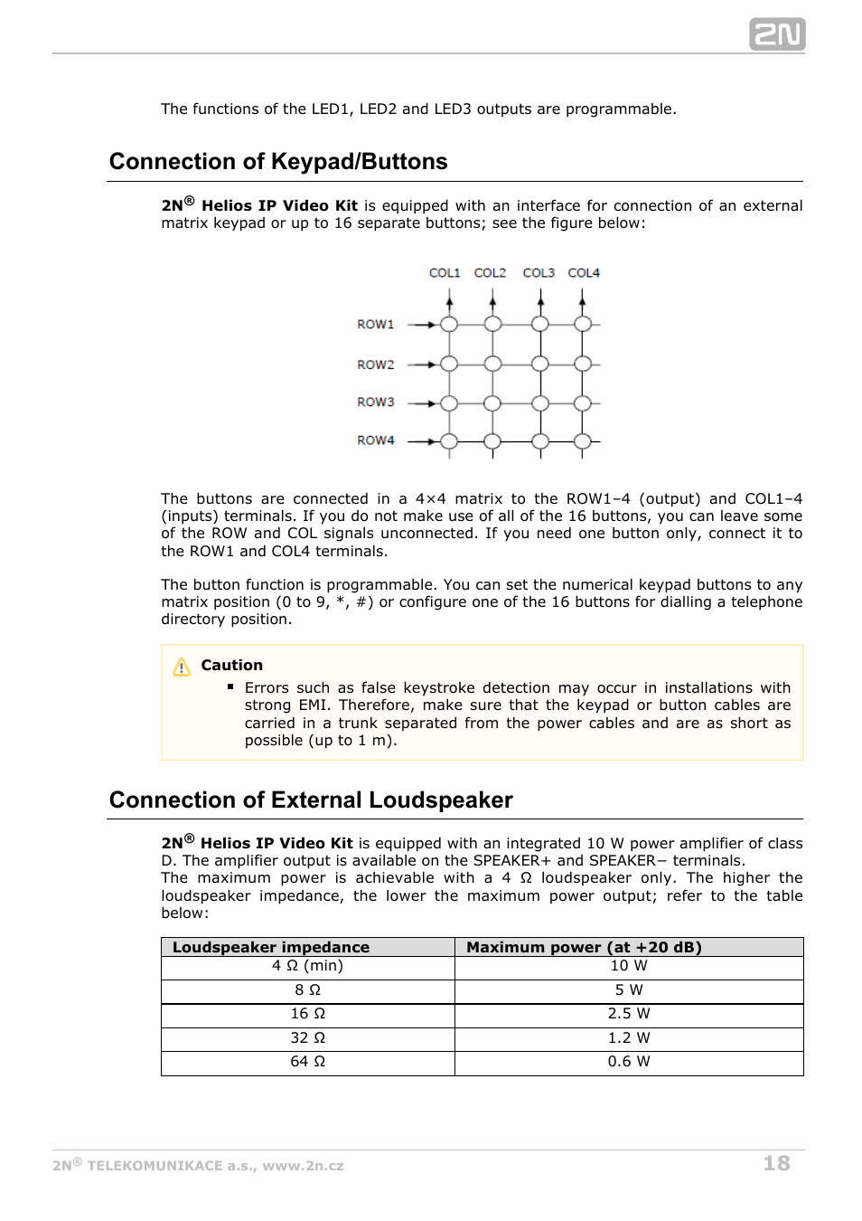 Connection of keypad/buttons, Connection of external loudspeaker | 2N Helios IP Video Kit User Manual | Page 18 / 31
