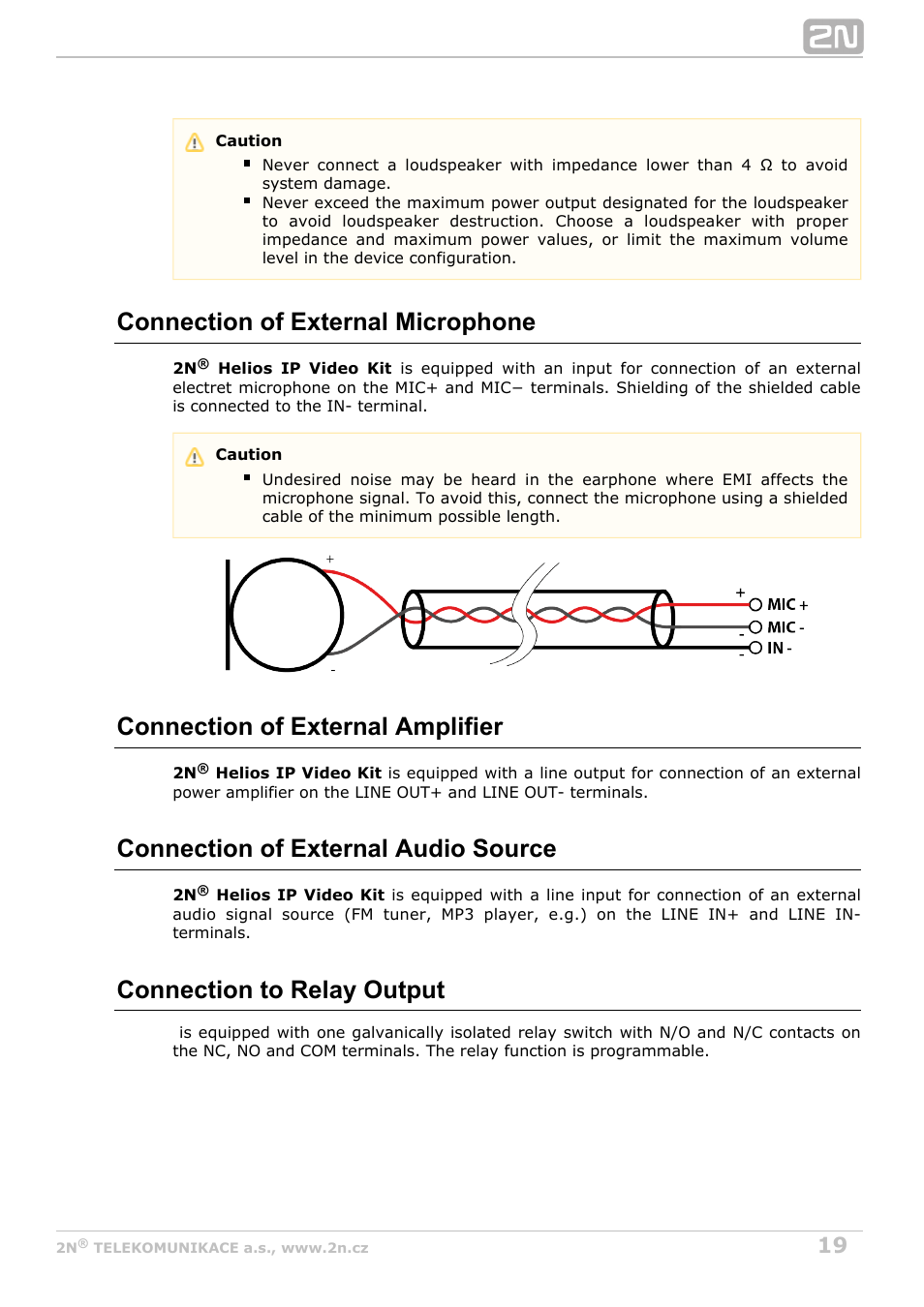 Connection of external microphone, Connection of external amplifier, Connection of external audio source | Connection to relay output | 2N Helios IP Video Kit User Manual | Page 19 / 31