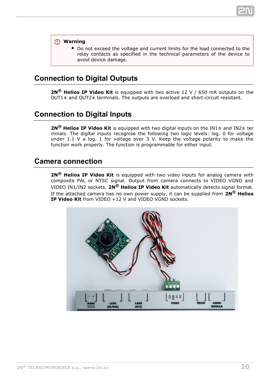 Connection to digital outputs, Connection to digital inputs, Camera connection | 2N Helios IP Video Kit User Manual | Page 20 / 31