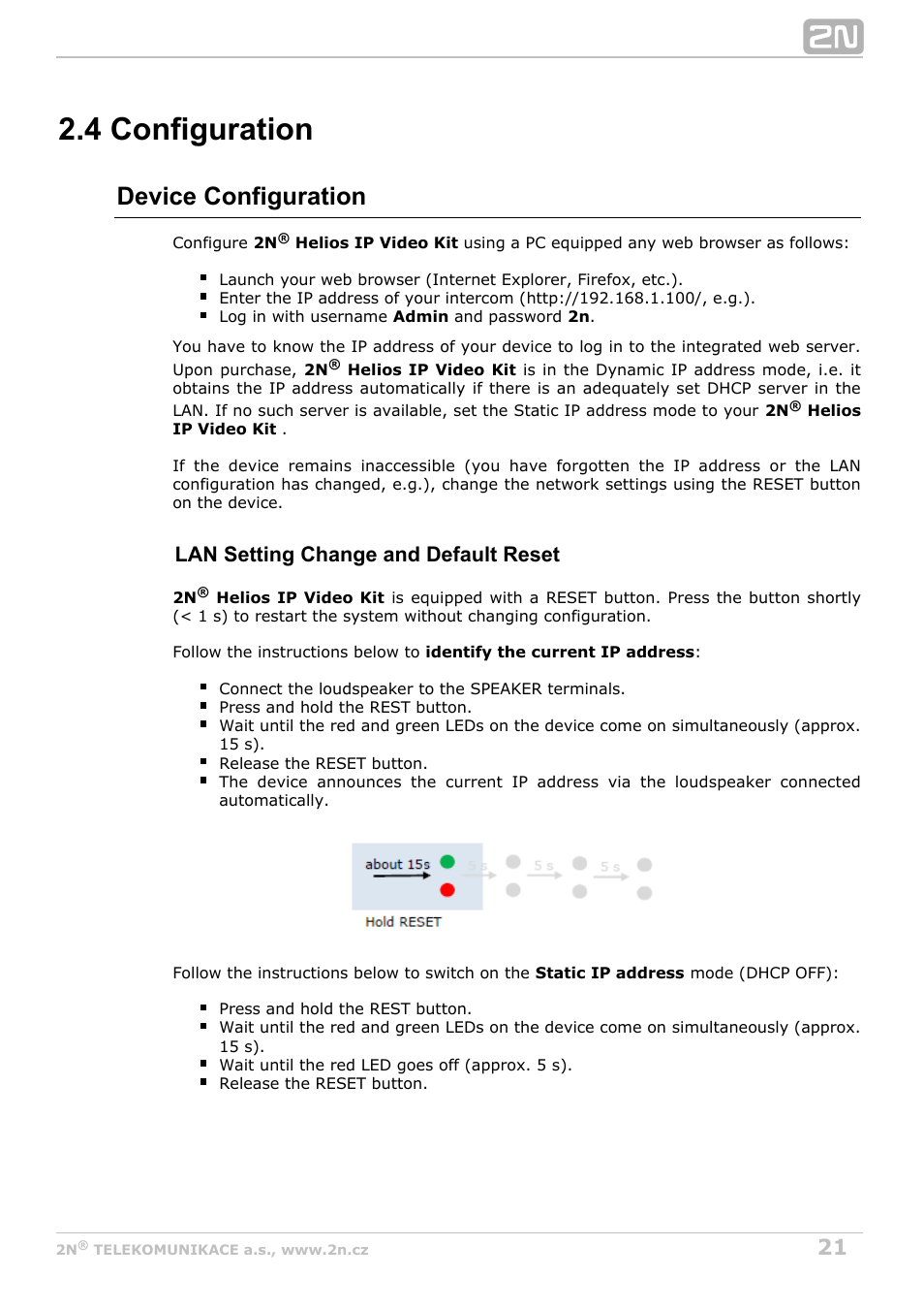 4 configuration, Device configuration, Lan setting change and default reset | 2N Helios IP Video Kit User Manual | Page 21 / 31