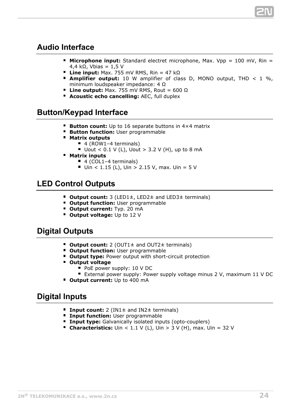 Audio interface, Button/keypad interface, Led control outputs | Digital outputs, Digital inputs | 2N Helios IP Video Kit User Manual | Page 24 / 31