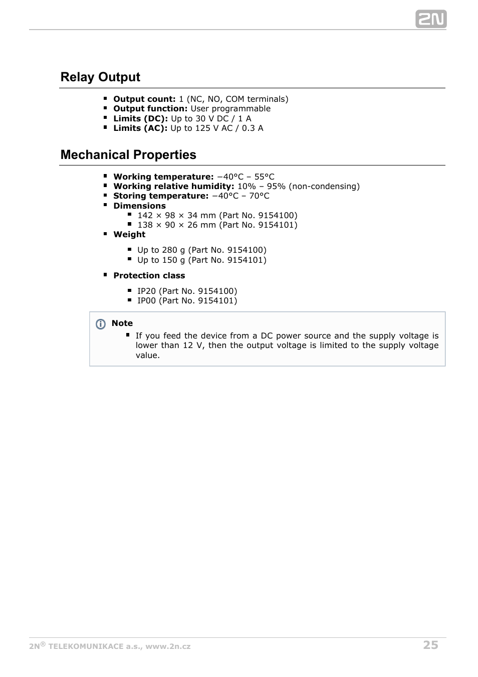 Relay output, Mechanical properties | 2N Helios IP Video Kit User Manual | Page 25 / 31
