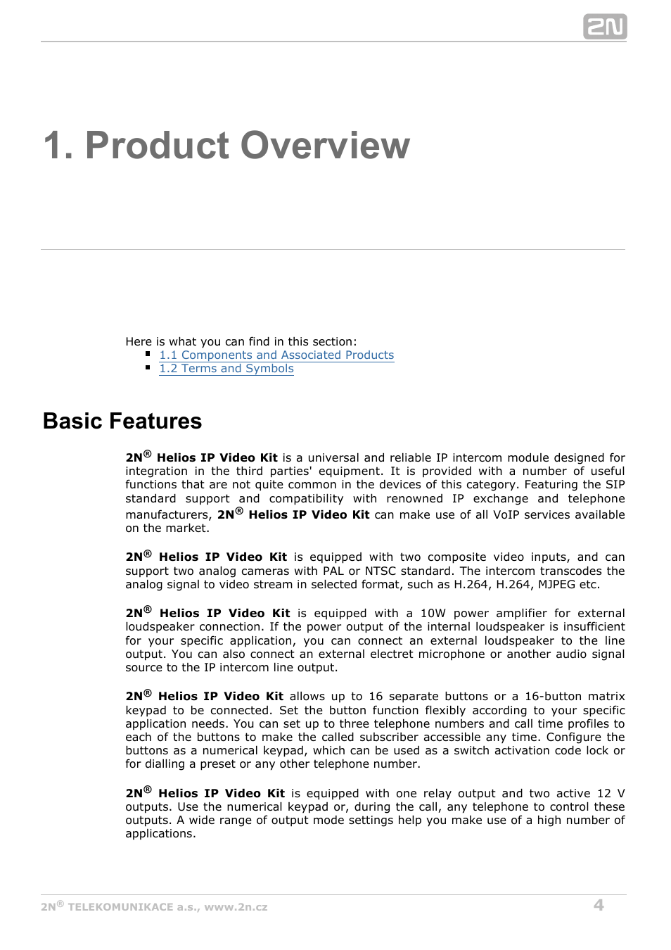 Product overview, Basic features | 2N Helios IP Video Kit User Manual | Page 4 / 31