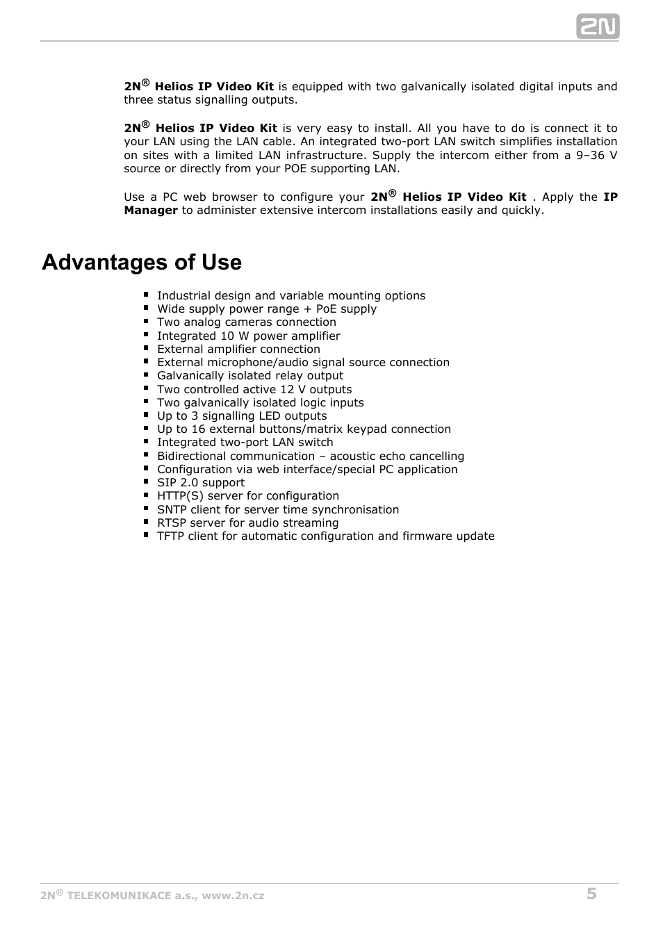 Advantages of use | 2N Helios IP Video Kit User Manual | Page 5 / 31