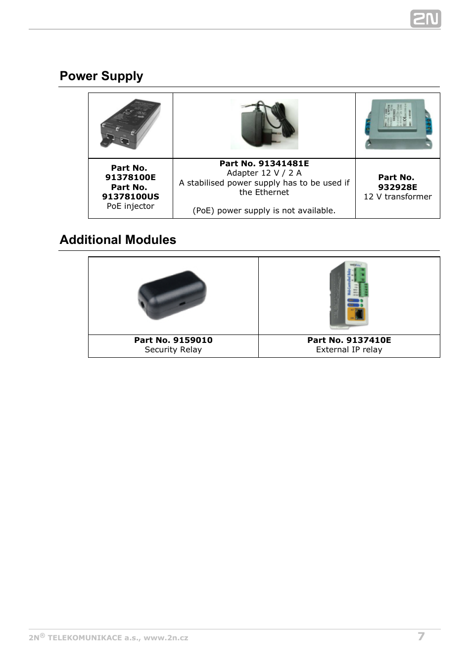 Power supply, Additional modules | 2N Helios IP Video Kit User Manual | Page 7 / 31