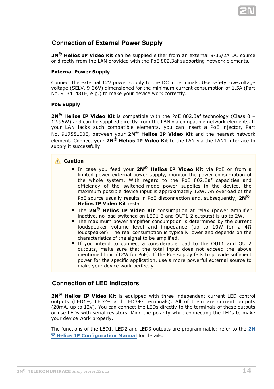 Connection of external power supply, Connection of led indicators | 2N Helios IP Video Kit User Manual | Page 14 / 29