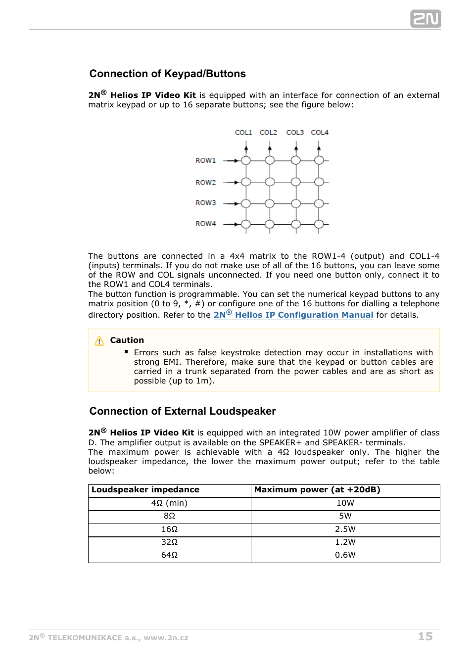 Connection of keypad/buttons, Connection of external loudspeaker | 2N Helios IP Video Kit User Manual | Page 15 / 29