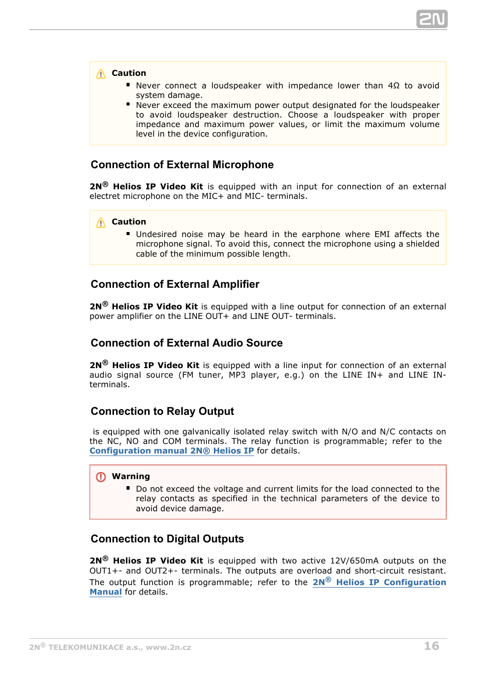 Connection of external microphone, Connection of external amplifier, Connection of external audio source | Connection to relay output, Connection to digital outputs | 2N Helios IP Video Kit User Manual | Page 16 / 29