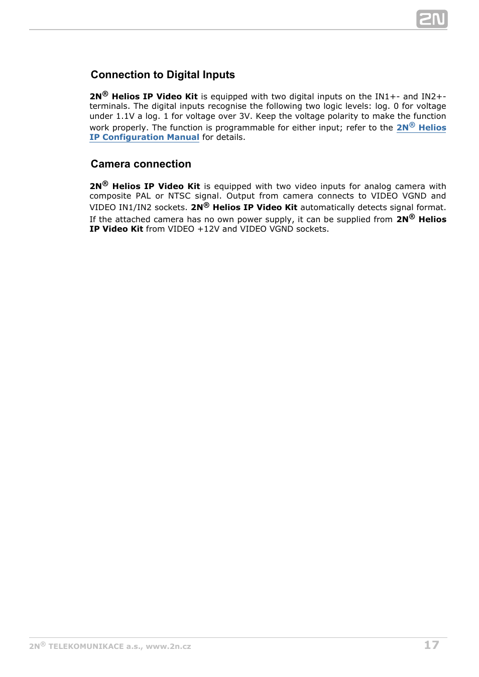 Connection to digital inputs, Camera connection | 2N Helios IP Video Kit User Manual | Page 17 / 29
