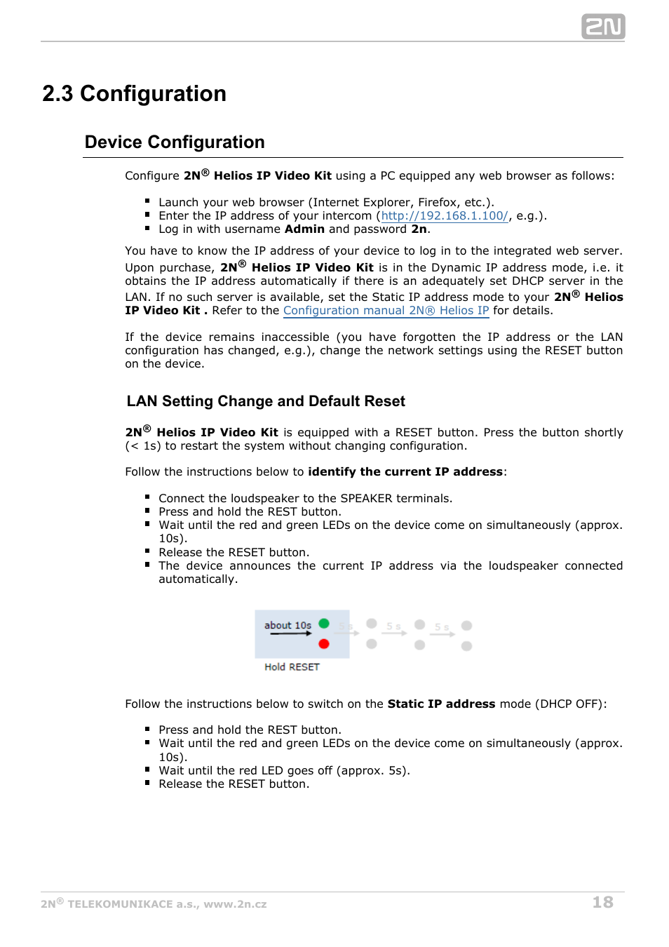 3 configuration, Device configuration, Lan setting change and default reset | 2N Helios IP Video Kit User Manual | Page 18 / 29