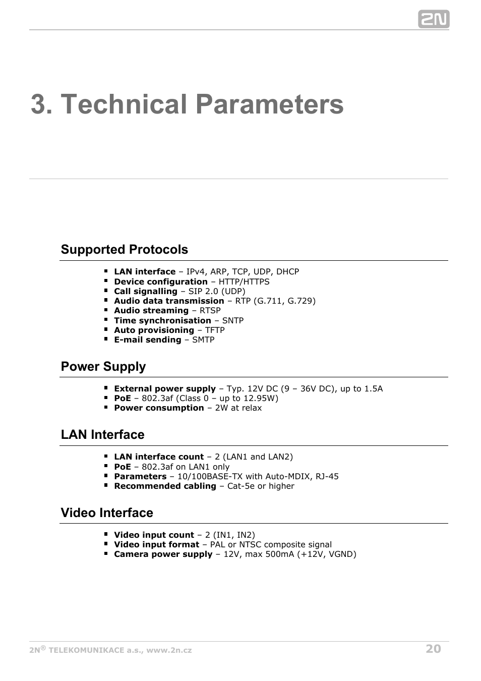 Technical parameters | 2N Helios IP Video Kit User Manual | Page 20 / 29