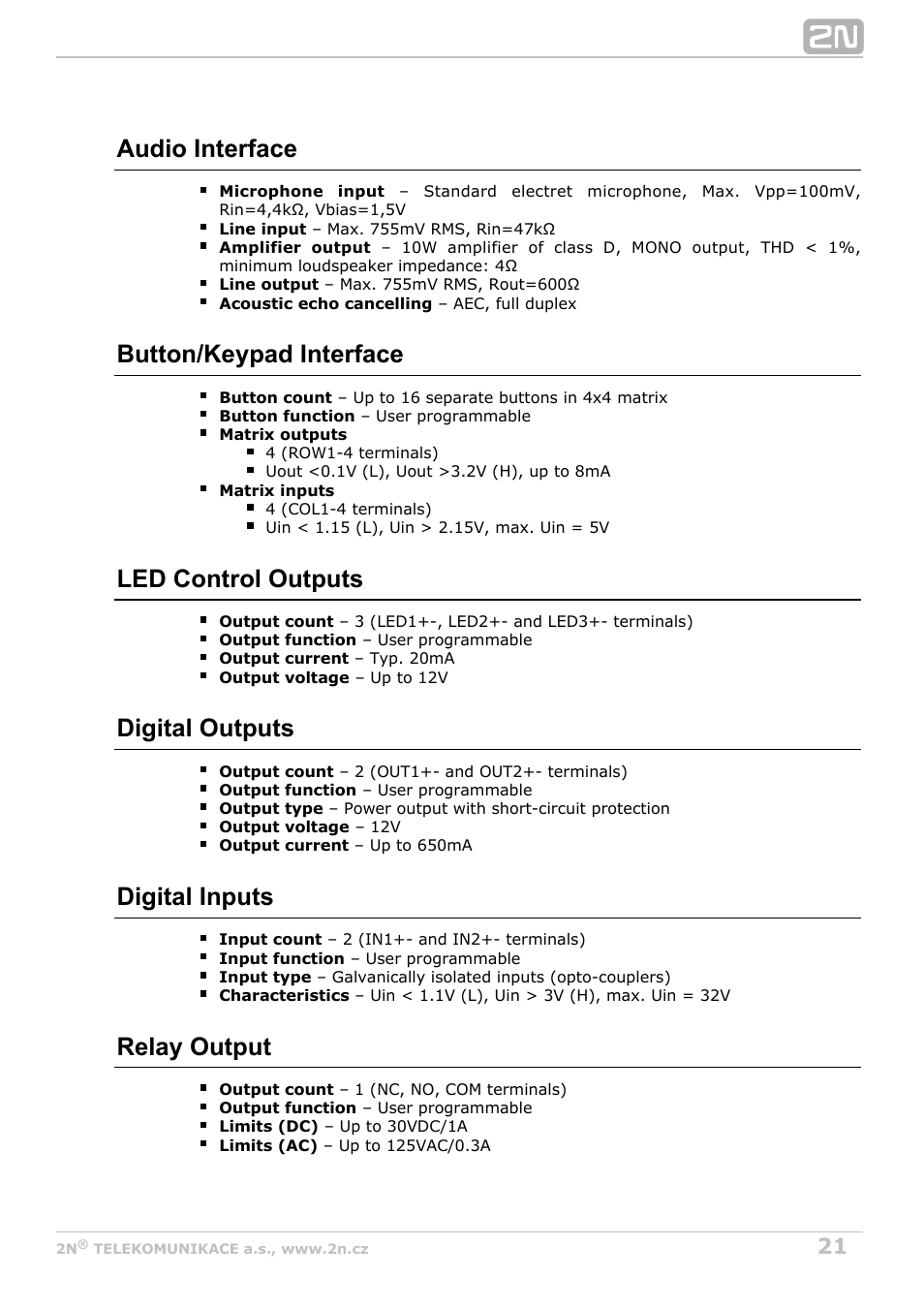Audio interface, Button/keypad interface, Led control outputs | Digital outputs, Digital inputs, Relay output | 2N Helios IP Video Kit User Manual | Page 21 / 29