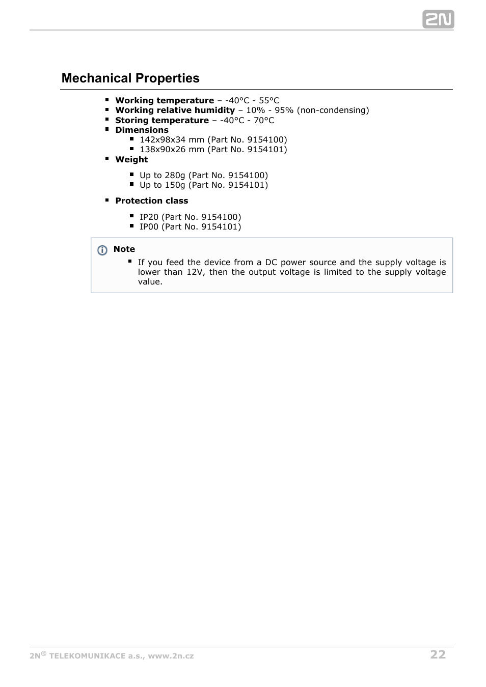 Mechanical properties | 2N Helios IP Video Kit User Manual | Page 22 / 29