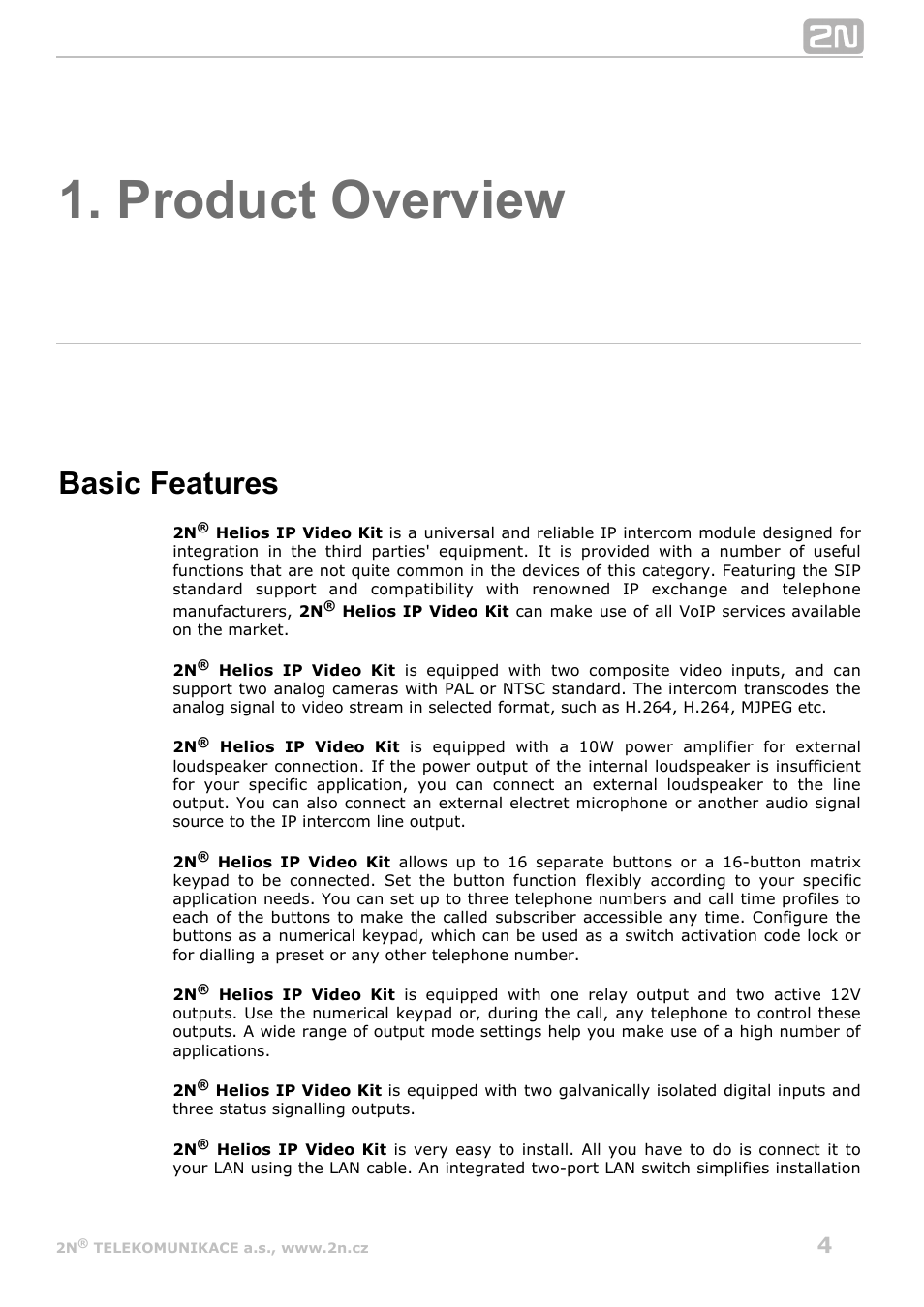 Product overview, Basic features | 2N Helios IP Video Kit User Manual | Page 4 / 29