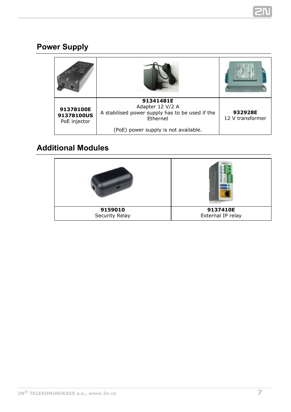 Power supply, Additional modules | 2N Helios IP Video Kit User Manual | Page 7 / 29