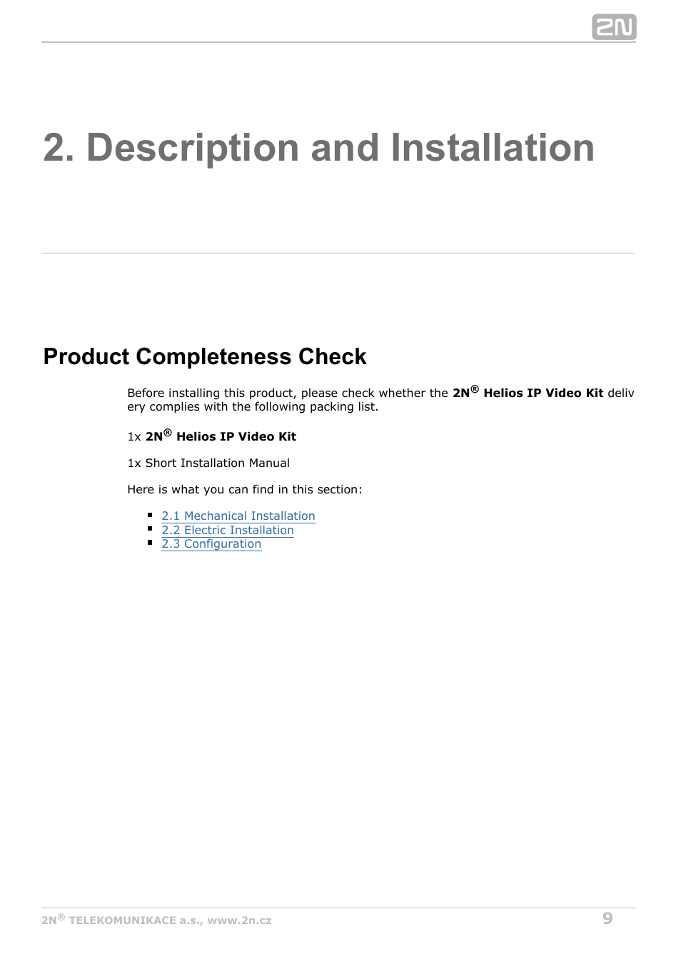 Description and installation, Product completeness check | 2N Helios IP Video Kit User Manual | Page 9 / 29